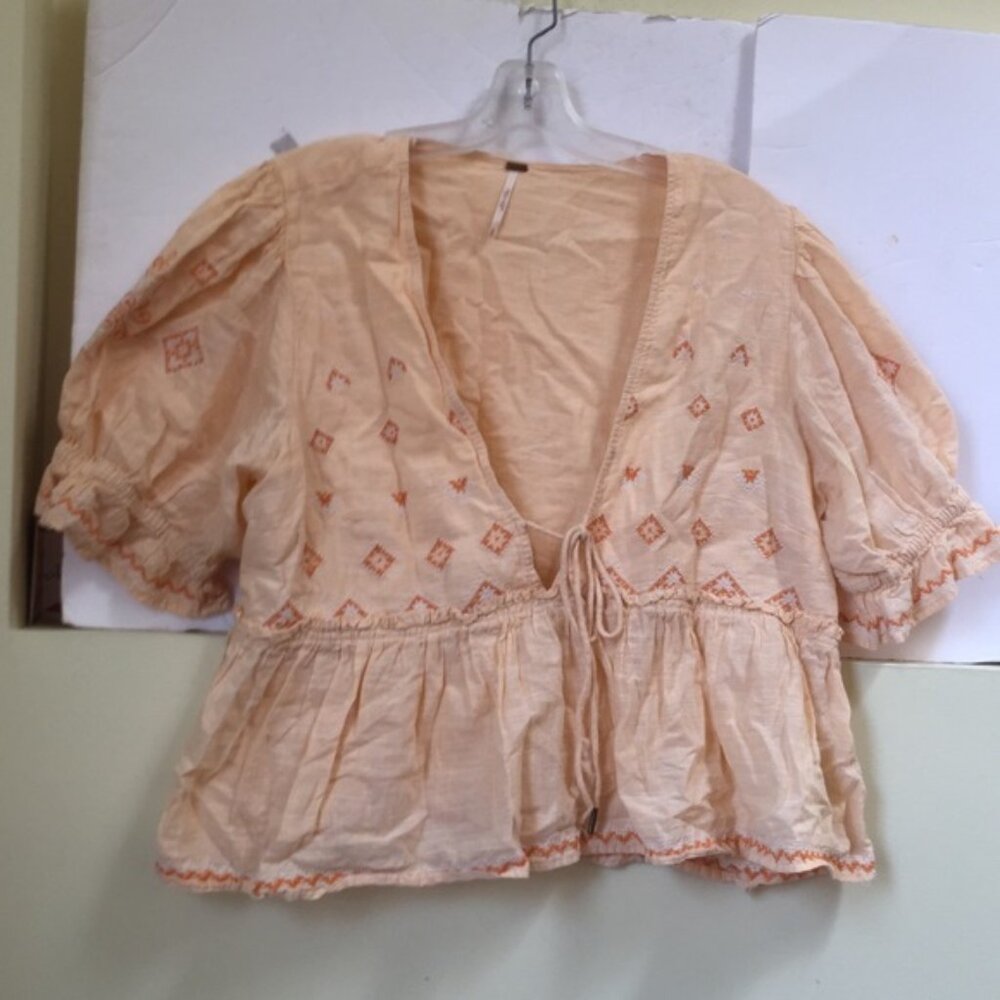 Free People Tallulah Embroidery Boho Crop Cotton Top Blouse XL Flowy Puff Sleeve - Picture 3 of 16